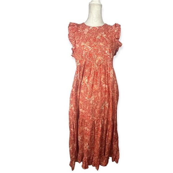 UNIVERSAL THREAD RUFFLE MAXI DRESS ORANGE RED FLORAL SLEEVELESS TIERED MEDIUM - Picture 4 of 10